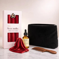 Natural Curl Ritual Red Set with heatless curlers, nourishing hair oil, wooden comb and storage pouch