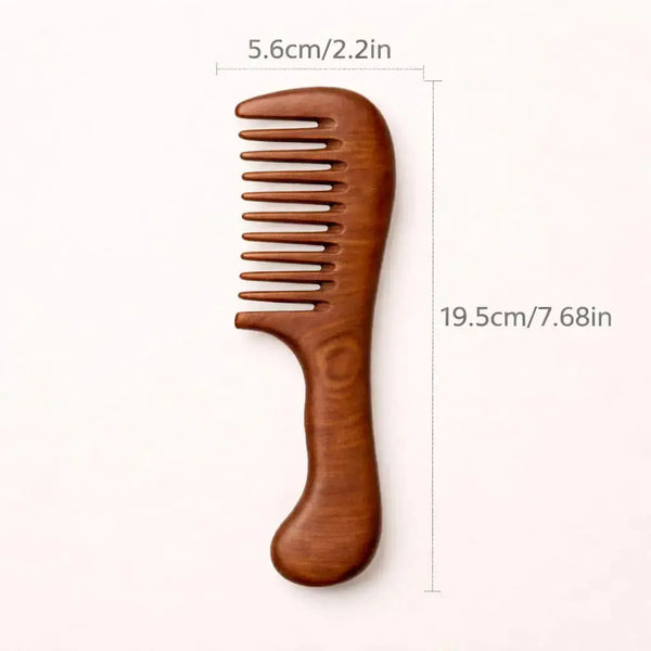 Wide tooth wooden comb with 19.5 cm by 5.6 cm dimensions