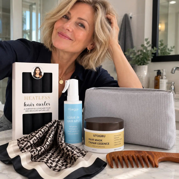 Mature woman with short blonde wavy hair showcasing black heatless curlers, hair mist, nourishing hair mask, grey cosmetic pouch, silk scarf and wooden comb.