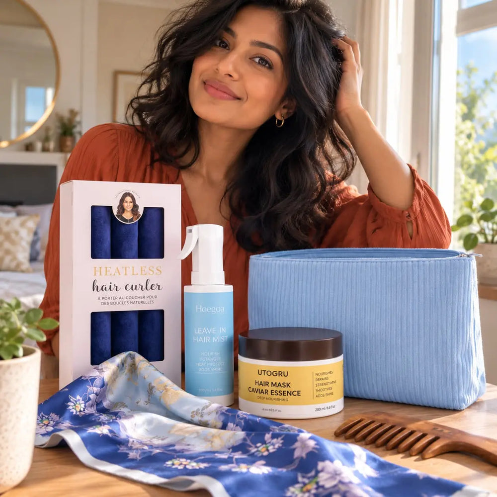 Complete Luxury Curl Ritual Blue Set with overnight heatless curlers, curl spray, caviar hair mask, satin scarf, wooden comb and storage pouch