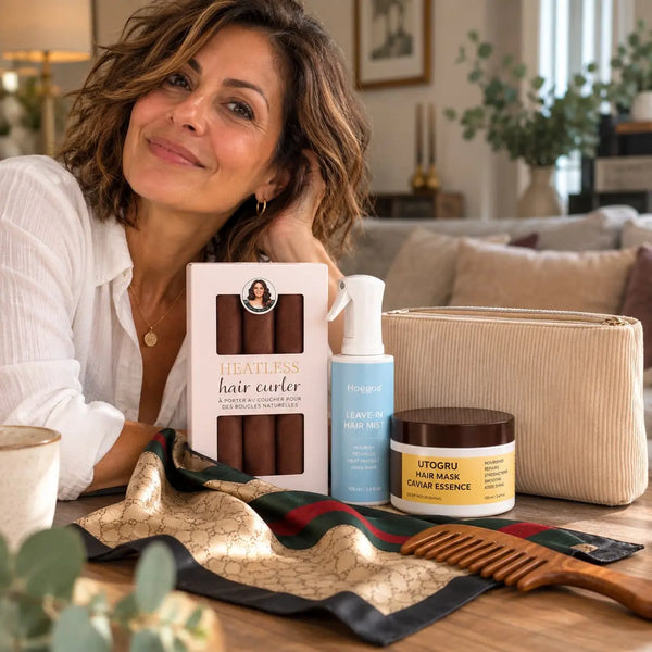 Woman with shoulder-length wavy brown hair showcasing brown heatless curlers, leave-in hair mist, nourishing hair mask, beige cosmetic pouch, patterned silk scarf and wooden comb.