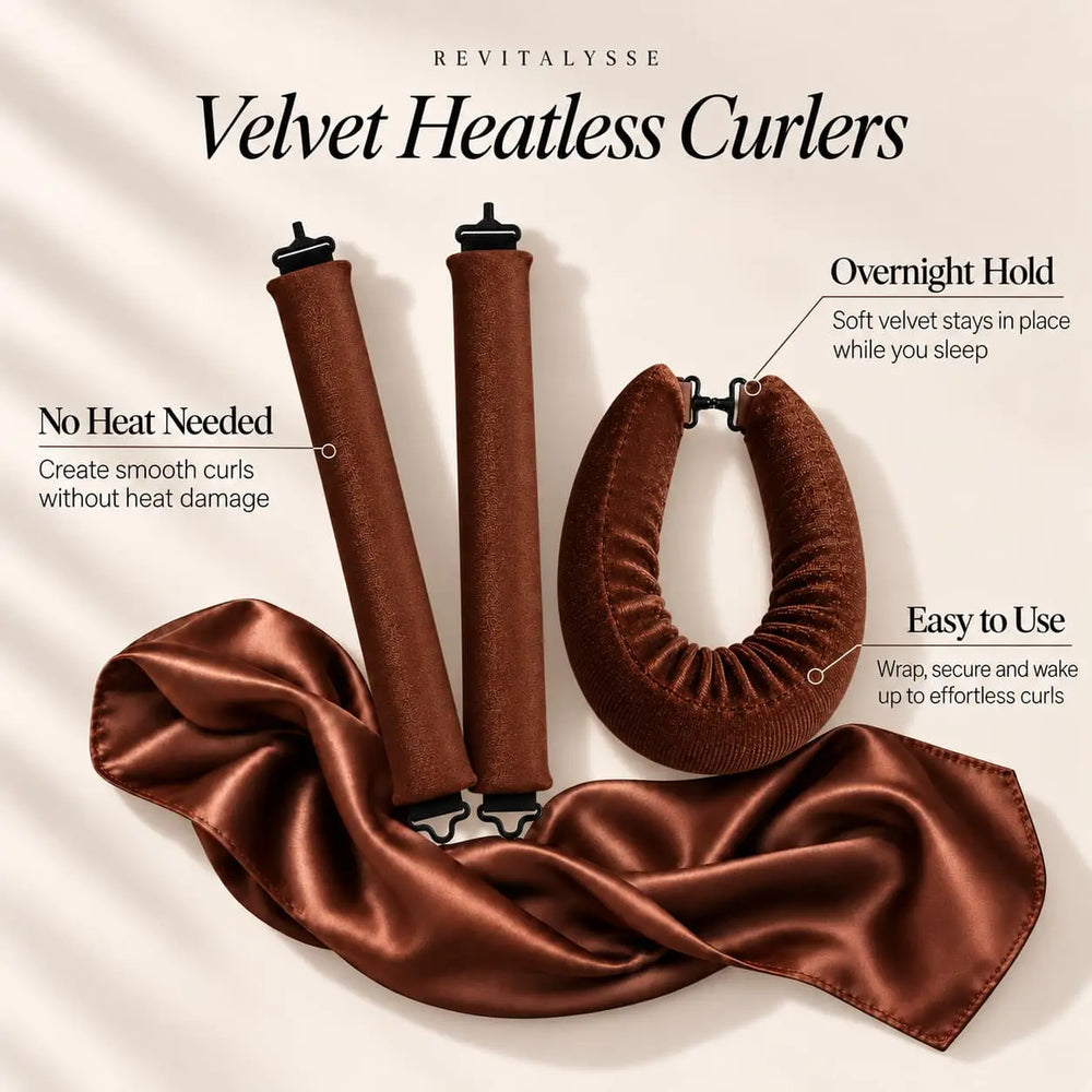 Revitalysse burgundy red velvet heatless curling rollers with matching satin scarf, designed for creating soft overnight curls without heat.
