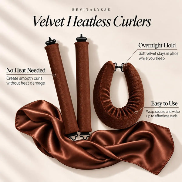 Revitalysse brown velvet heatless curlers with flexible styling rods and satin scarf for smooth, long-lasting overnight curls without heat damage.