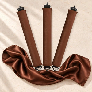 Revitalysse chocolate brown velvet heatless curling rollers with matching brown satin scarf, designed to create soft, natural overnight curls without heat.