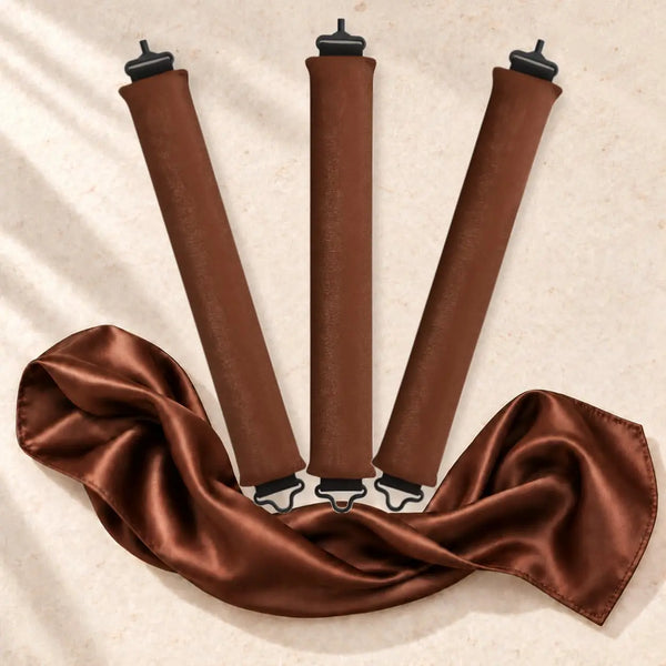 Revitalysse chocolate brown velvet heatless curling rollers with matching brown satin scarf, designed to create soft, natural overnight curls without heat.