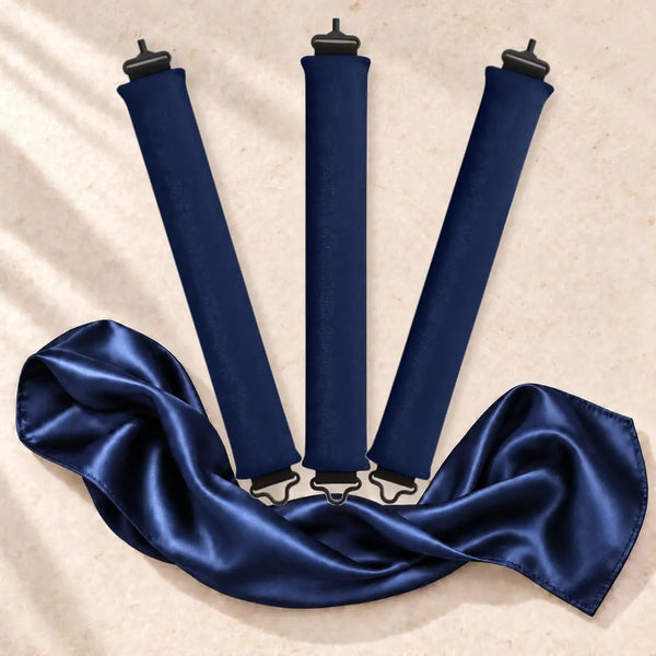 Revitalysse navy blue velvet heatless curling rollers with matching navy satin scarf, designed to create soft, natural overnight curls without heat.