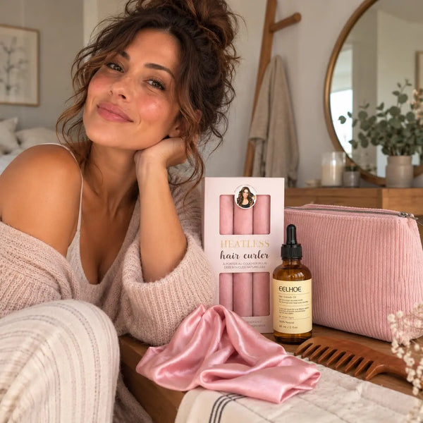 Woman with brunette hair in a messy bun showcasing pink heatless curlers, hair serum, pink cosmetic pouch, pink satin bonnet and wooden wide-tooth comb.