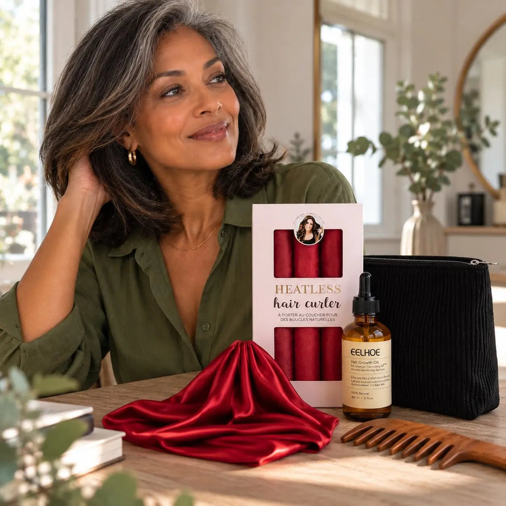 Natural Curl Ritual Red Set with heatless curlers, nourishing hair oil, wooden comb and storage pouch