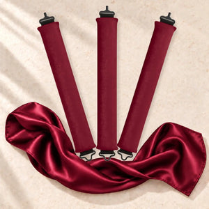 Revitalysse burgundy red velvet heatless curling rollers with matching satin scarf, designed for creating soft overnight curls without heat.